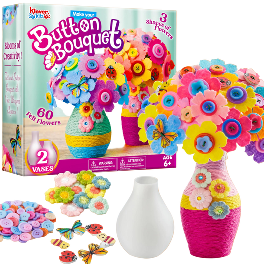 Button Bouquet craft kit with colorful flowers and vases on a white background