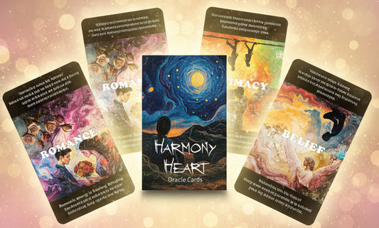 Set of six tarot cards titled 'Intimacy', 'Security', 'Wealth', 'Harmony', 'Romance', and 'Belief' with artistic illustrations on a white background.