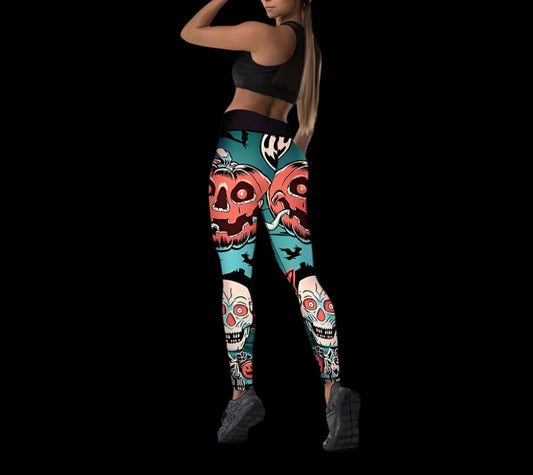 Woman wearing colorful patterned leggings on a white background