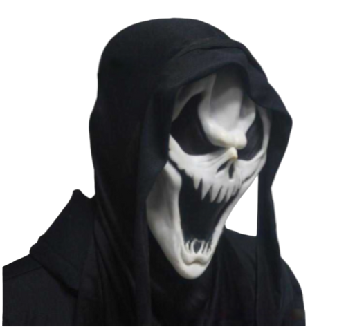 Black hooded garment with a white skull mask on a dark background