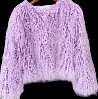 Purple fluffy jacket on a wooden hanger against a gray background