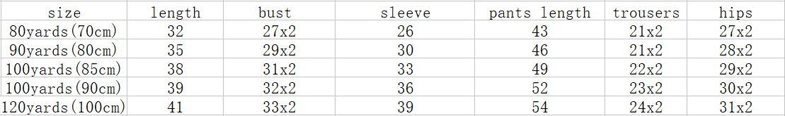 Table with clothing size chart details including length, bust, sleeve, pants length, and hips for various sizes.