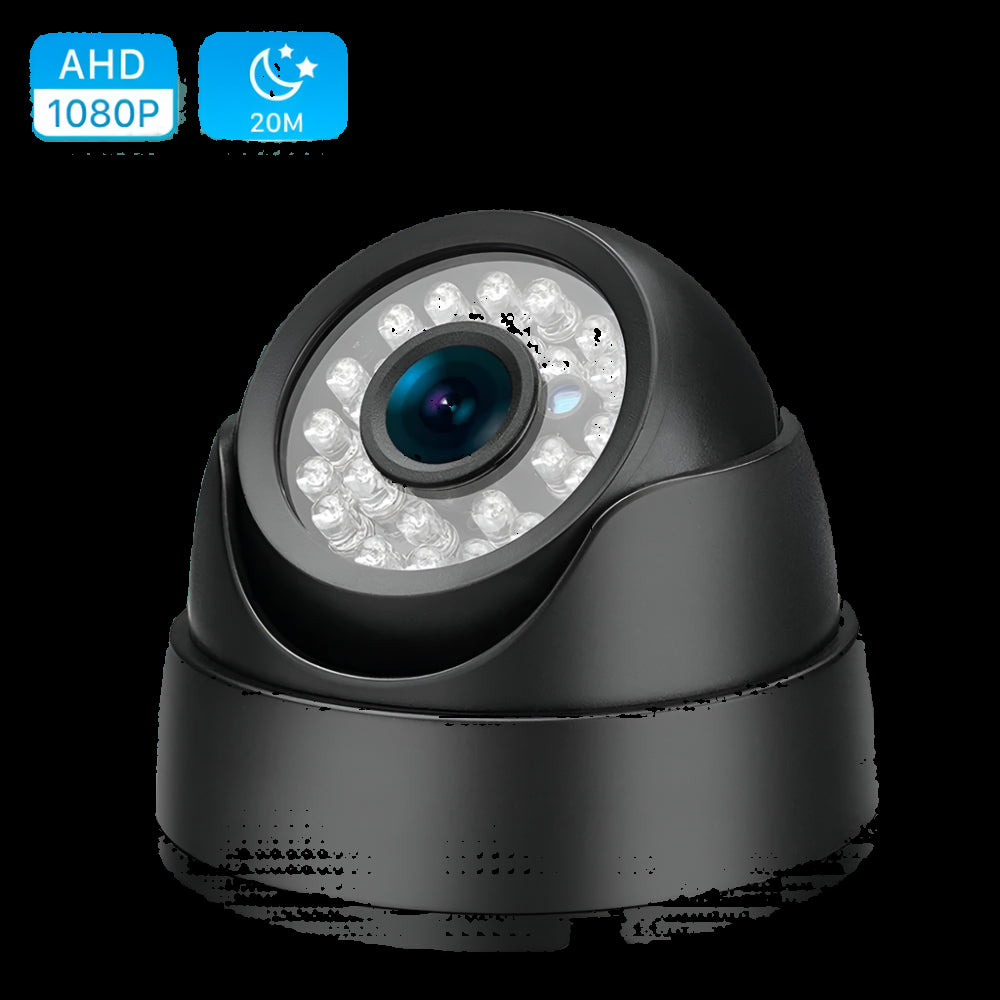 Black security camera with LED lights on a white background