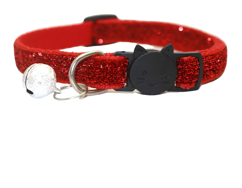 Red glittery cat collar with a black cat-shaped buckle and silver bell on a white background