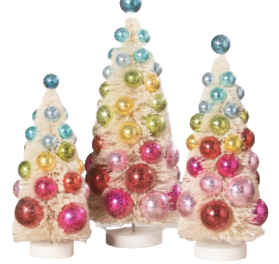 Three decorative Christmas trees with colorful ornaments on a white background