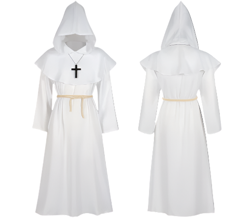 White hooded dress with a black cross on a white background