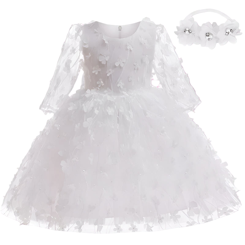White lace dress with long sleeves and matching headband on a white background