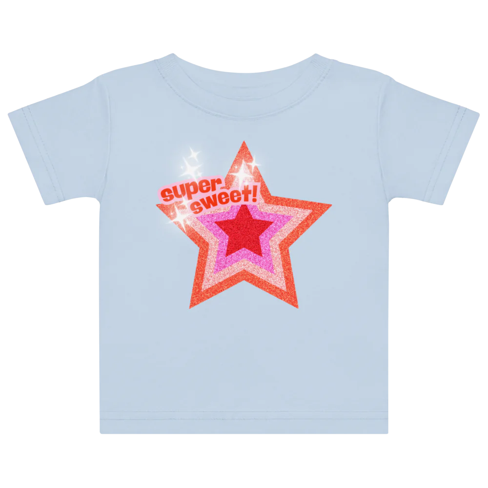 Light blue t-shirt with a red star and 'super sweet!' text on a white background