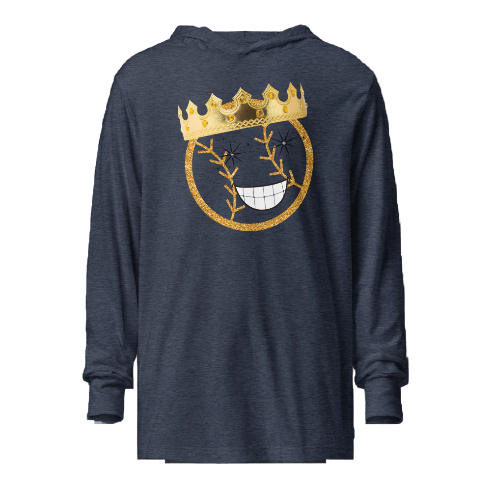 Navy hoodie with a gold and white graphic design on a white background