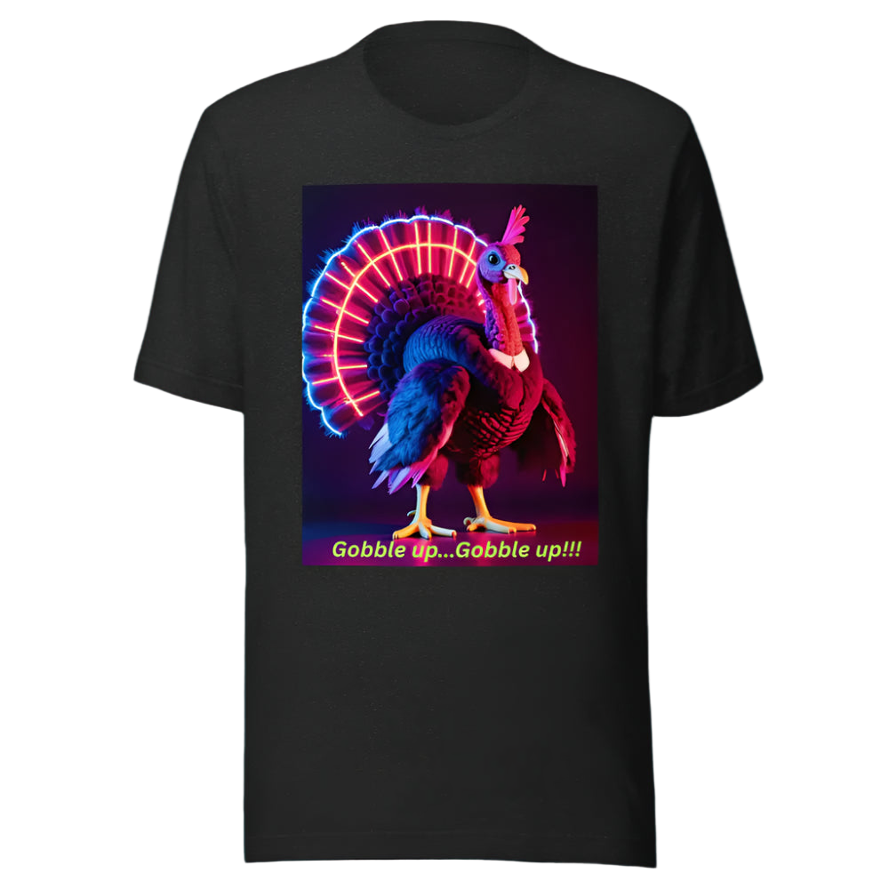 Black t-shirt with a colorful turkey graphic and text on a white background