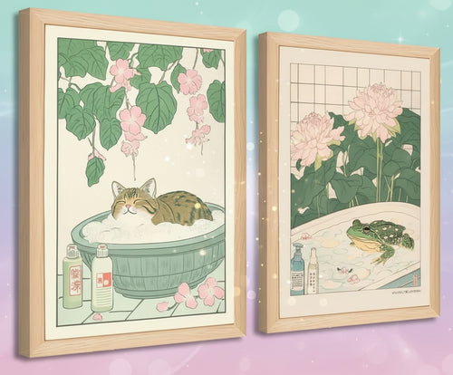 Two framed illustrations of a cat and a frog in a bath with flowers and bottles.