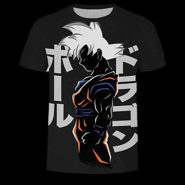 Black t-shirt with anime character and Japanese text on a white background