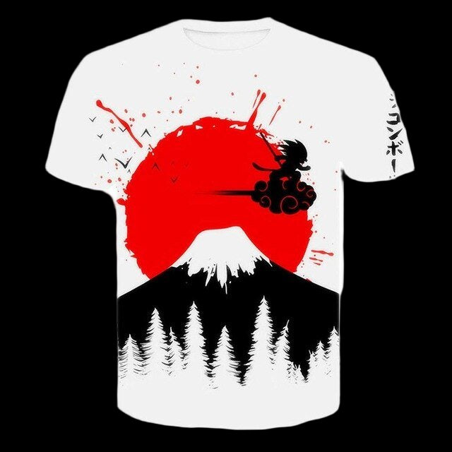 White t-shirt with a graphic design of a red circle, black silhouette, and mountain landscape on a white background.