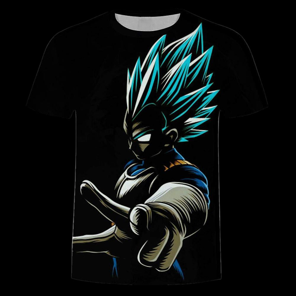 Black t-shirt with a character design featuring blue hair and a fist on a white background