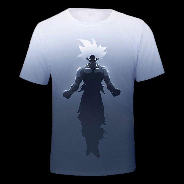 White t-shirt with a black silhouette design on a white background