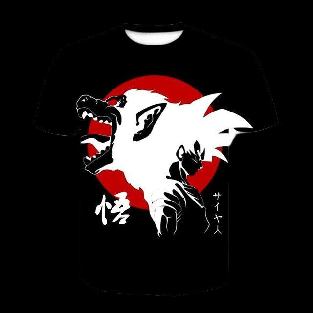 Black t-shirt with a white dragon design and red circle on a white background