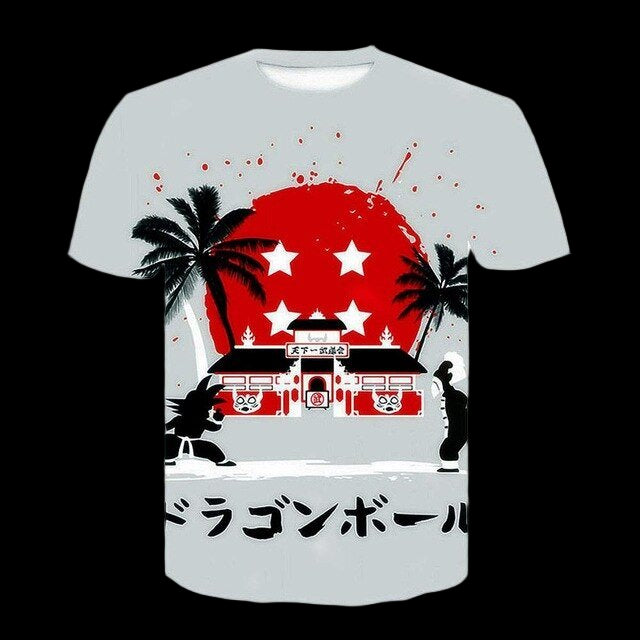 White t-shirt with a graphic design featuring palm trees, a red sun with stars, and a building with Japanese text on a white background.