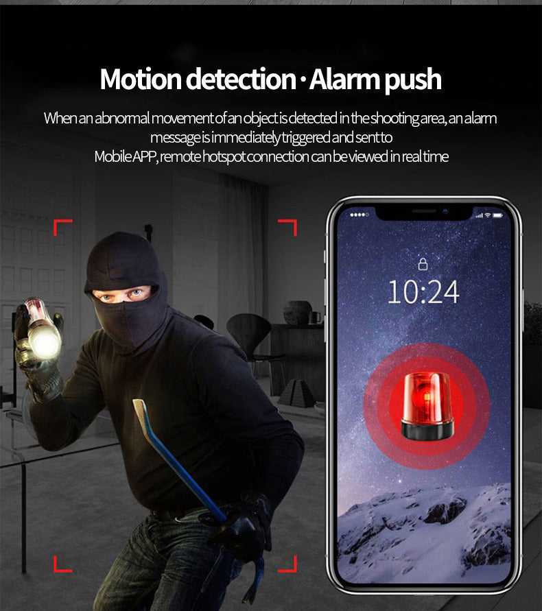 Person in balaclava with flashlight and smartphone showing motion detection app on screen.