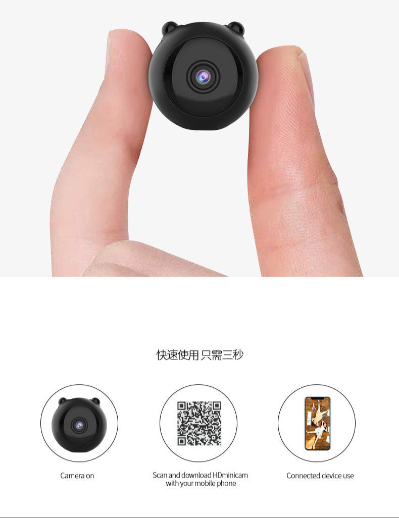 Small black camera held between two fingers with text about its features on a white background.