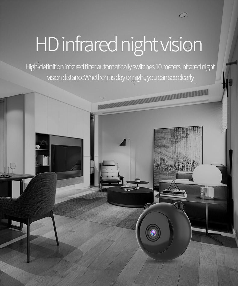 Infrared camera in a modern living room with text about HD infrared night vision.