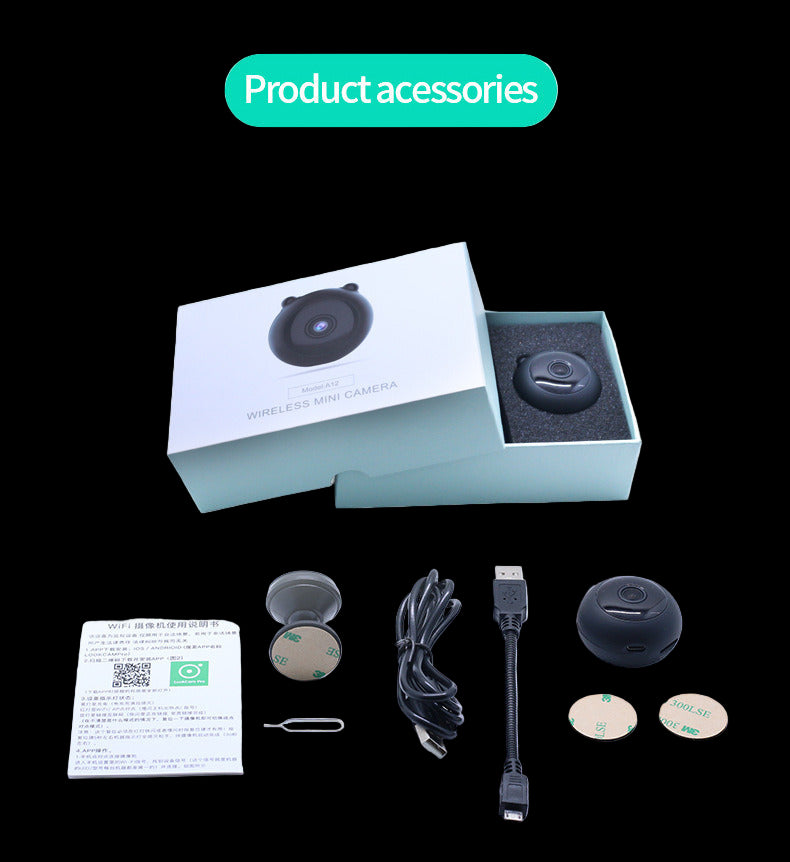 Product accessories including a camera, USB cable, and manual on a white background.