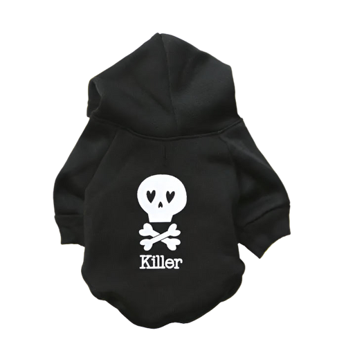 Black hoodie with skull and crossbones design and ' Killer' text on a white background
