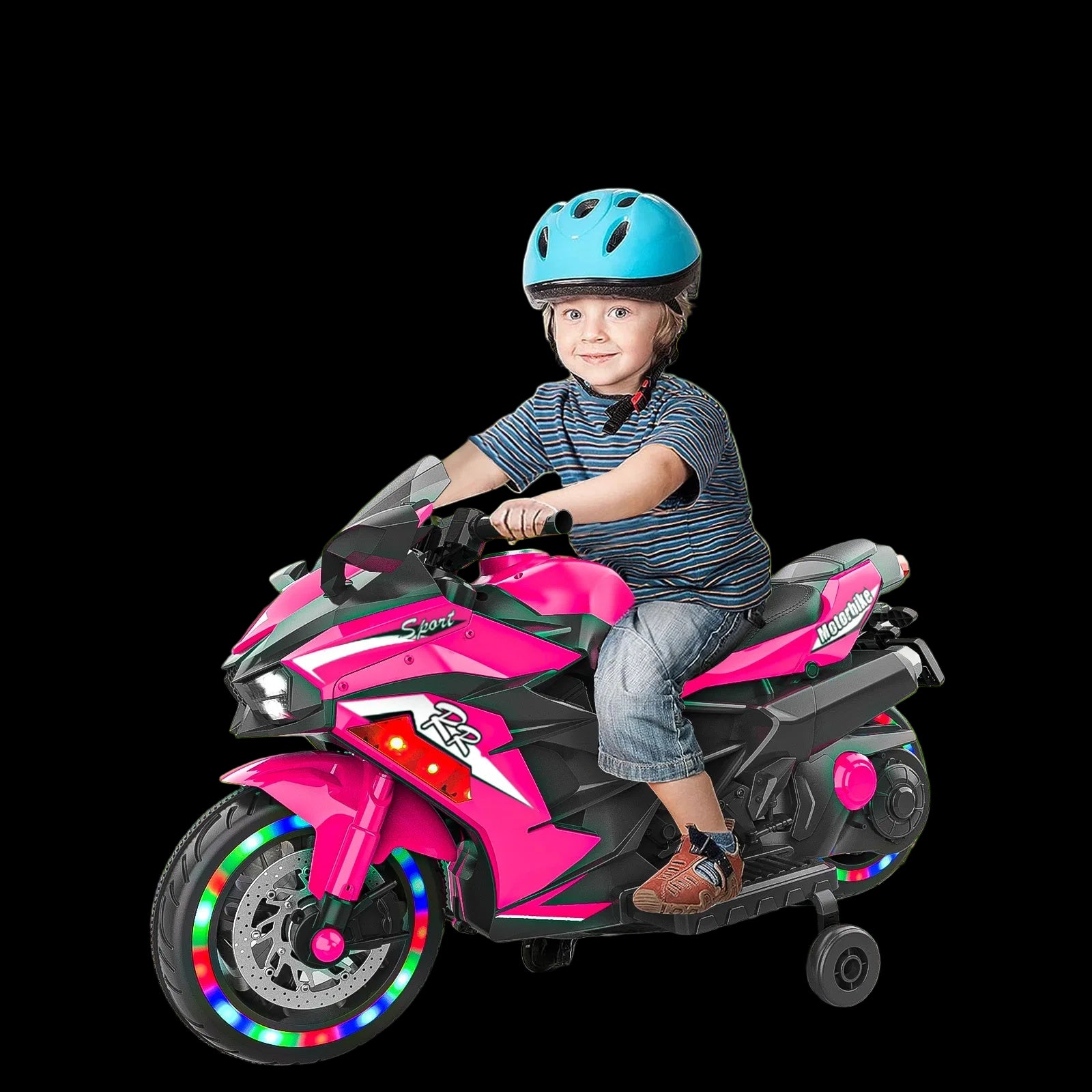Child riding a pink toy motorcycle with colorful wheels in a park setting