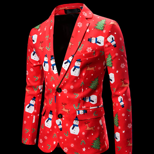 Red Christmas-themed blazer with snowmen, trees, and reindeer on a white background