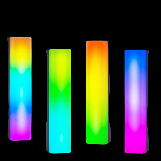 Four vertical light fixtures with colorful gradient lights on a dark background