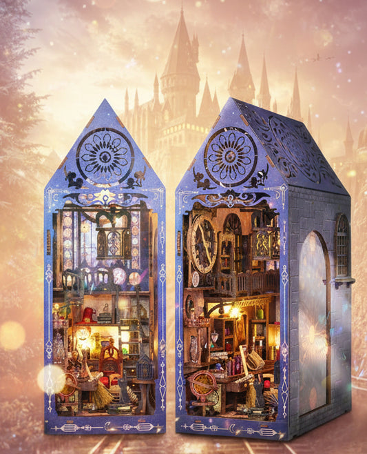 Two intricately designed model houses with detailed interiors against a dark, castle-like background.
