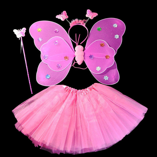 Pink butterfly costume set with wings, headband, wand, and tutu on a black background