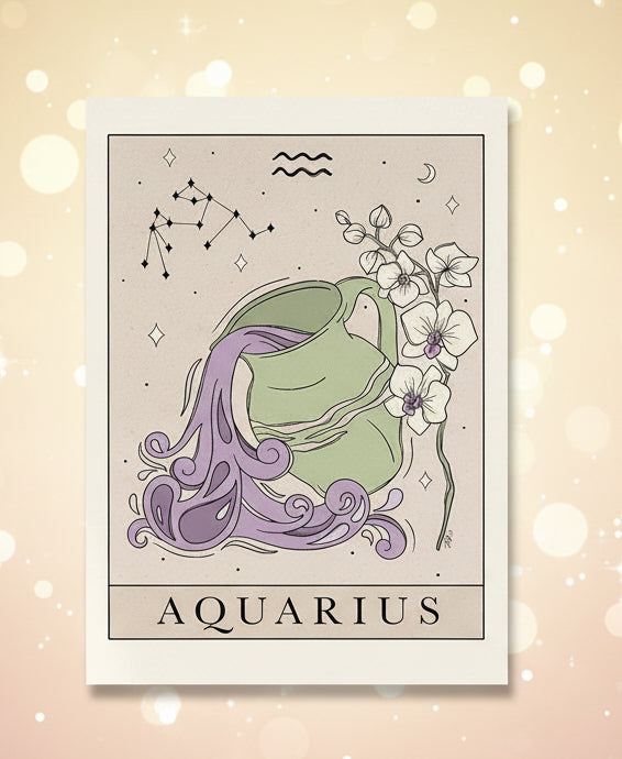 Aquarius zodiac sign illustration with astrological symbols on a beige background