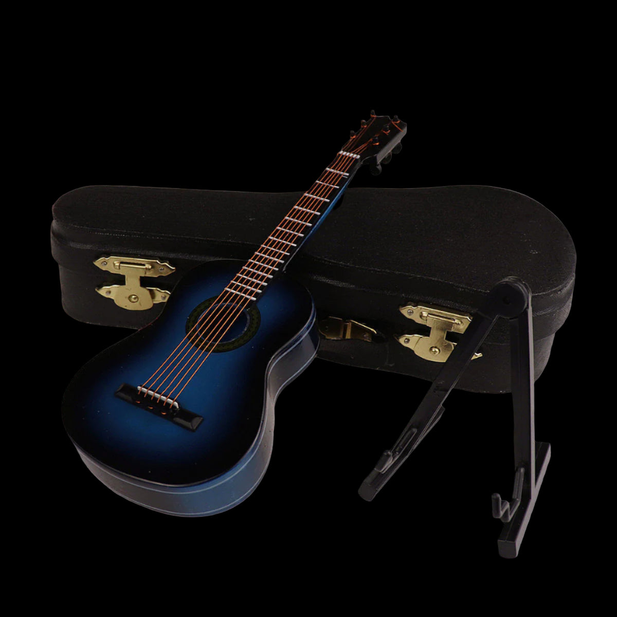 Blue acoustic guitar with black case and stand on a white background