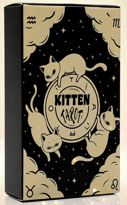 Kitten Tarot card box with cat illustrations on a black background