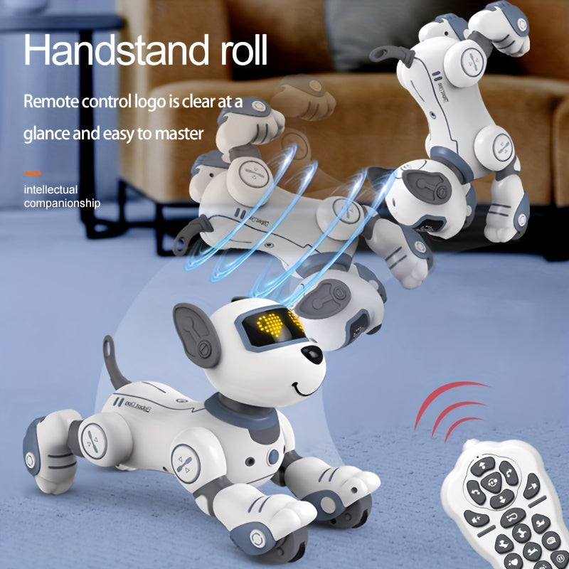 Toy robot dog performing a handstand roll with remote control on a blue surface.
