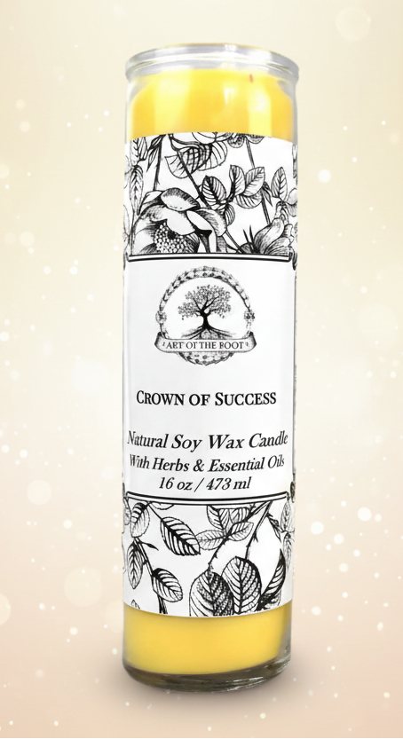 Candle with yellow wax and black and white label on a white background