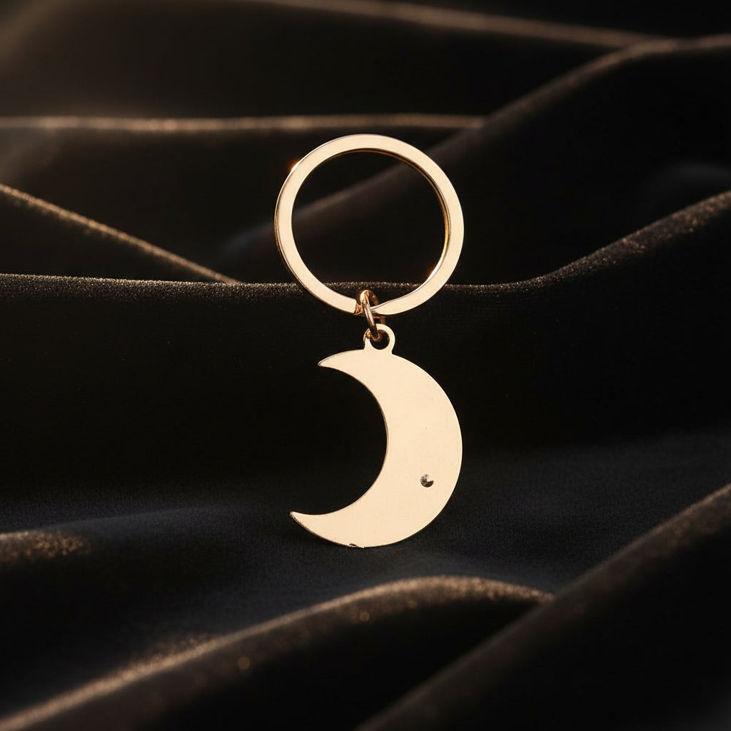 Gold crescent moon keychain on a white background