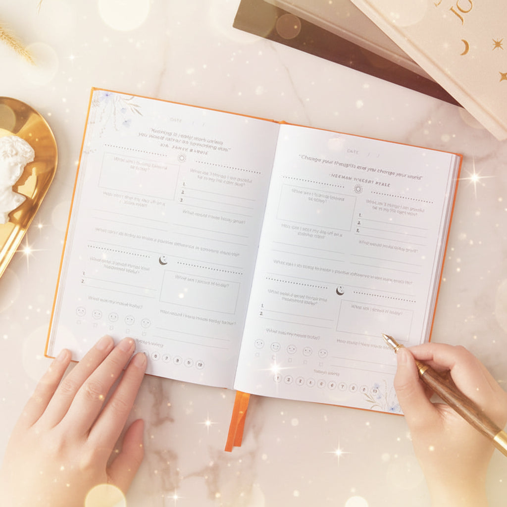 Open planner with a pen on a marble surface