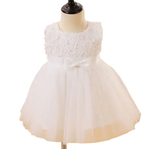 White floral dress on a mannequin against a neutral background