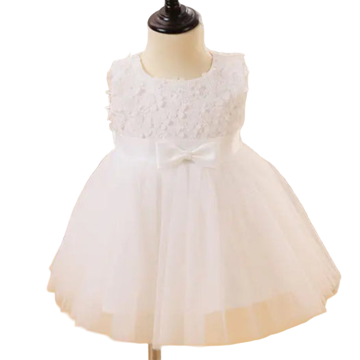 White floral dress on a mannequin against a neutral background