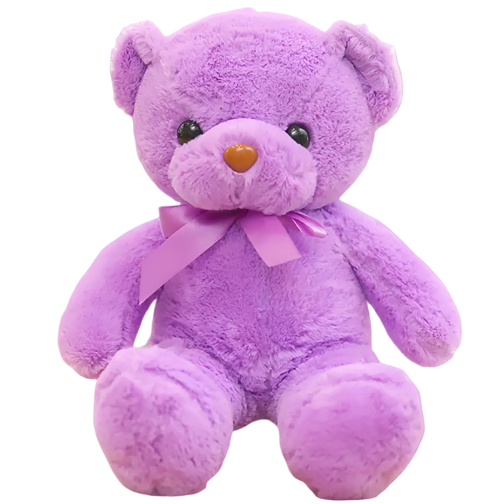 Purple teddy bear with a pink bow on a white background