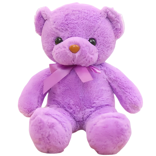 Purple teddy bear with a pink bow on a white background