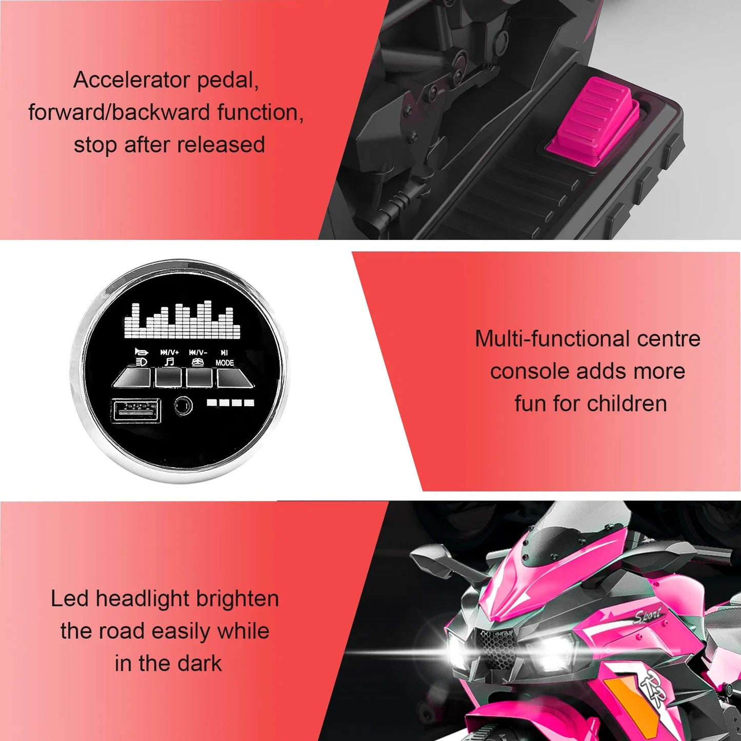 Features of a toy motorcycle with text descriptions on a red and gray background