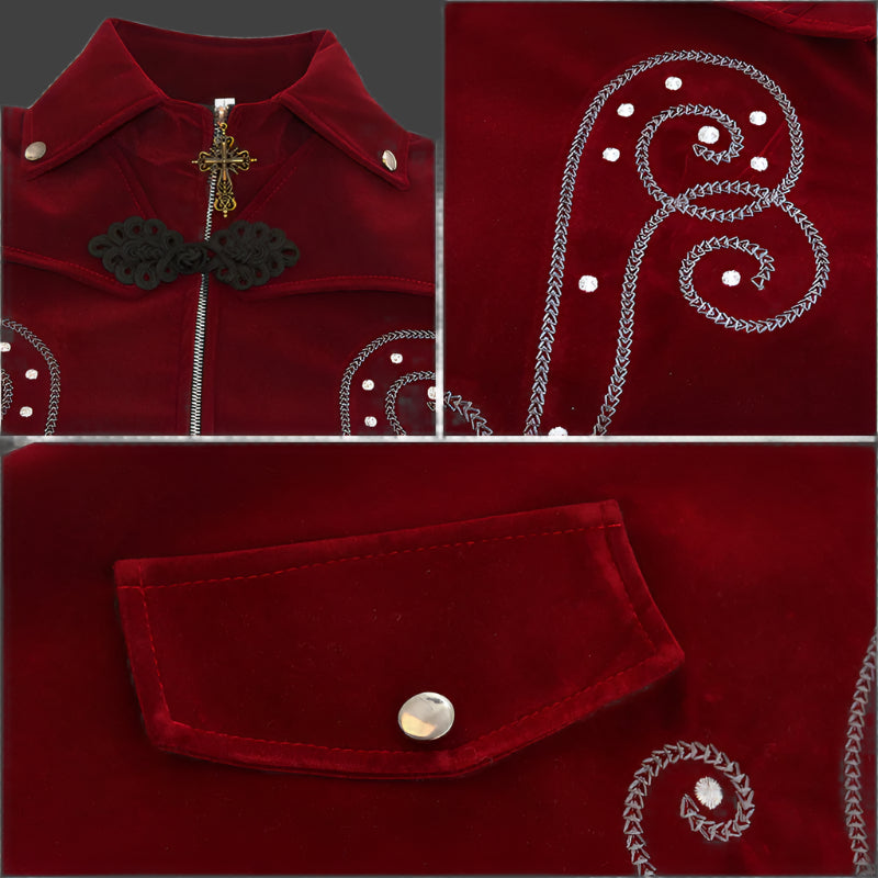 Collage of a red garment with embroidery details