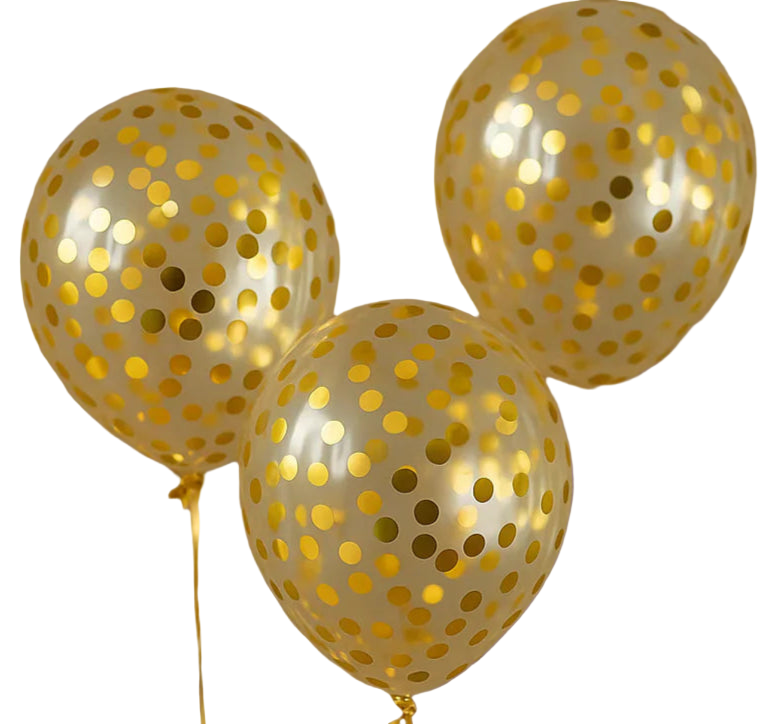 Gold polka dot balloons against a gold confetti and triangle banner background