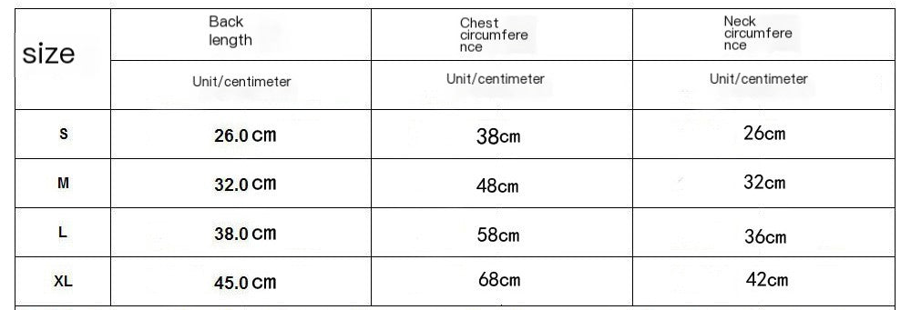 Measurement chart for clothing sizes with dimensions listed in centimeters.
