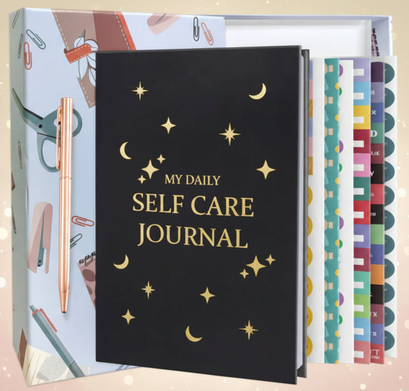 Black self-care journal with gold text and colorful pages on a white background