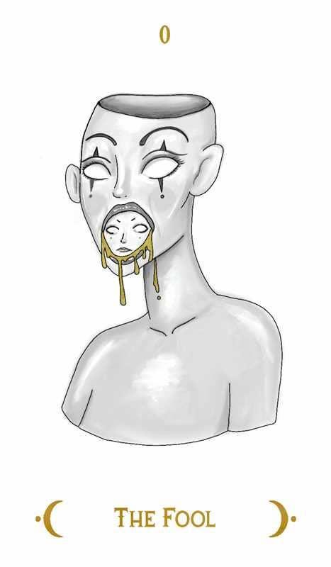 Metallic bust with face and necklace labeled 'The Fool' on a white background