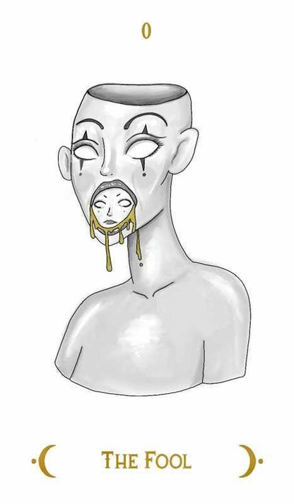 Metallic bust with face and necklace labeled 'The Fool' on a white background