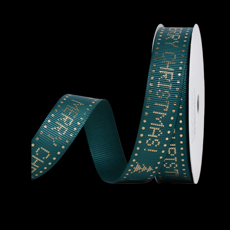 Green ribbon with gold text on a white background